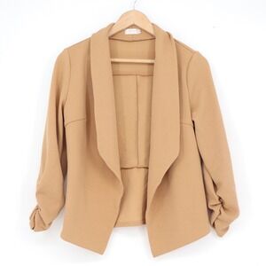 POGTMM Womens Camel Tan Open Front Blazer 3/4 Ruched Sleeve Shawl Collar Size S